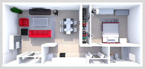 a 3d rendering of a bedroom with a living room